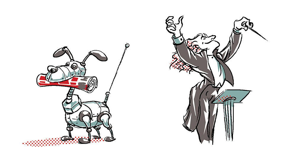 drawings of a robot dog and orchestra conductor